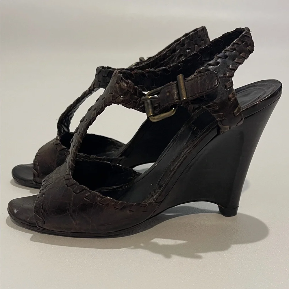 Fendi Zeppa Capra Pergamena Dark Brown Braided Wedge Sandals - Picture 3 of 9